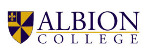 Albion College logo with a shield featuring purple and gold, and a fleur-de-lis symbol on a divided background.
