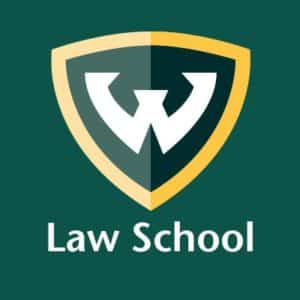 Logo of a law school featuring a stylized W in a shield, with green and gold colors, and Law School text below.