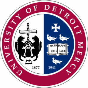 Seal of the University of Detroit Mercy, showcasing symbols of academic tradition and heritage since 1877.